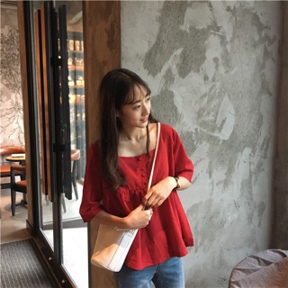 [blusher] 🧀 Square Red korean shirt เสื้อคอเหลี่ยมสีแดง ทรงสวย สไตล์เกาหลี