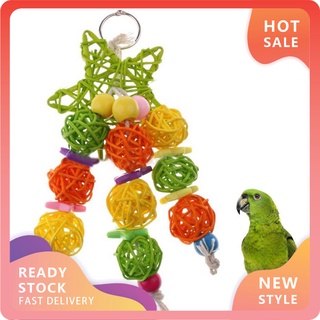 【RX]Wood Stars Rattan Balls String Pet Bird Cockatoo Parrot Hanging Chewing Toy