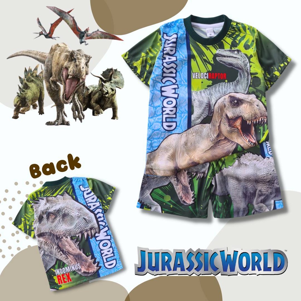 DI0587 เสื้อผ้าเด็ก เสื้อแขนสั้น+กางเกงขาสั้น ลายไดโนเสาร์ ผ้าไมโครเกรดA (ผ้าลื่น) ชุดเด็กแฟชั่น ชุดเด็กลายการ์ตูน