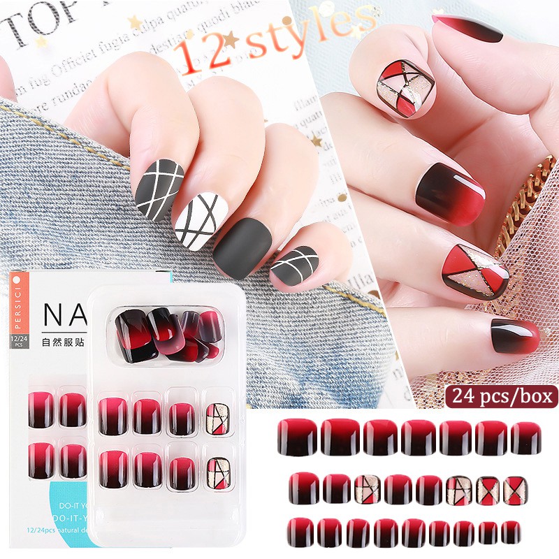 ฉ062 ~ ฉ073 24 ชิ้น/กล่องเต็มปกสั้นเล็บปลอมด้วยกาวเหลวฟรีเล็บเคล็ดลับเล็บปลอม