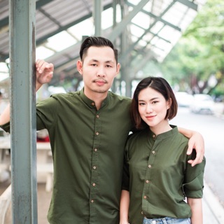 🌈 ชุดคู่รัก เสื้อคู่ (พร้อมส่ง) ไซต์ S-XXL เสื้อเชิ้ตแขนยาวคอจีน สีเขียวทหาร