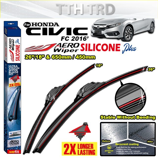 Honda Civic FC 2016 Aero Wiper Red Line Silicone Plus 1 คู่ (26"/18" & 640mm/450mm) ~ U-Hook Type Ho