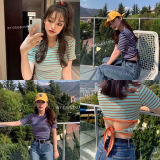เสื้อไหมพรมแขนสั้นลายขวางสไตล์วินเทจ วัยรุ่นกำลังนิยมมากๆๆ