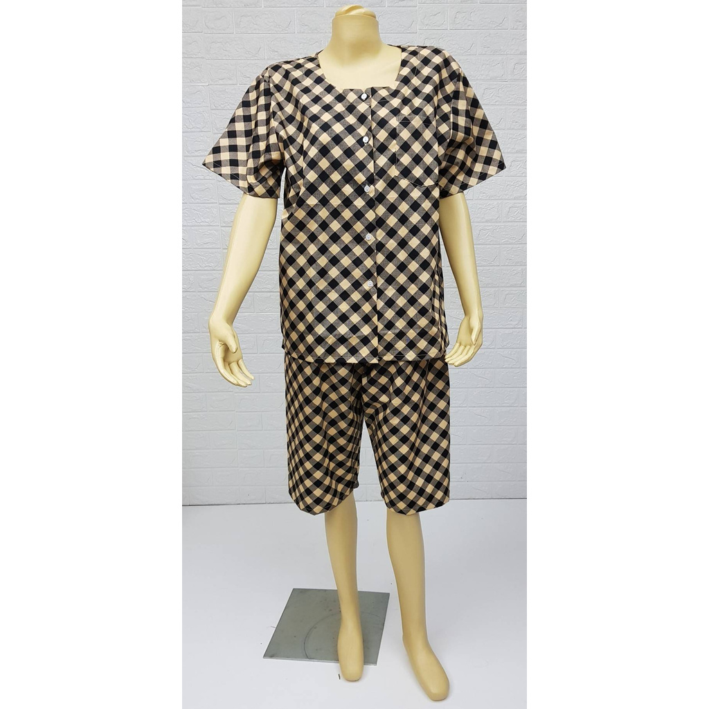 เสื้อติดกระดุมผ่าหน้า กางเกงใส่ยาง มีกระเป๋าทั้งเสื้อและกางเกง Size ใหญ่พิเศษ Cotton 100%  M L XL ชุดนอนผู้หญิง ชุดลำลอง