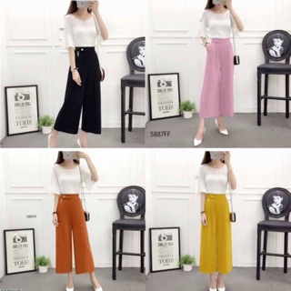 5887 Set เสื้อคอกลมกว้างงานผ้าชีฟอง+กางเกงขา 5 ส่วนทรงขาบาน