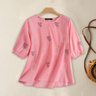 Zanzea เสื้อเบลาส์ลําลอง ผ้าฝ้าย ผ้าลินิน แขนสั้น ปักลาย สําหรับสตรี