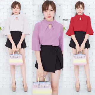 SK12190 Set 2 ชิ้น เสื้อคอกลมแขนระบาย คอเจาะ 3 เหลี่ยม ผ้าโฟร์เวย์ + กางเกงแต่งป้ายหน้า