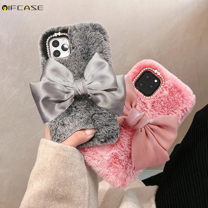 OPPO Reno 6 5 4 3 Pro 5G 4G Lite 5Z 4Z SE 4F 2Z 2f 2 Z Phone Case Bowknot Bow Hairy Plush Winter Warm Cute Gray Pink Soft TPU Casing Cases Case Cover