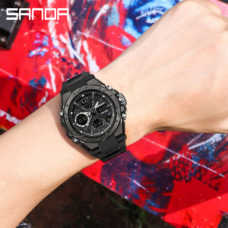 SANDA นาฬิกาข้อมือควอตซ์ มีไฟ LED กันน้ำ หรูหรา สไตล์ทหาร สำหรับผู้ชาย 6008