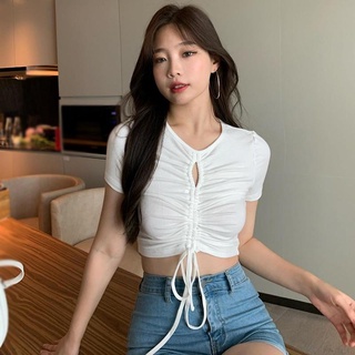 เสื้อยืดแขนสั้น แบบรูดเชือก สไตล์เกาหลี สําหรับผู้หญิง