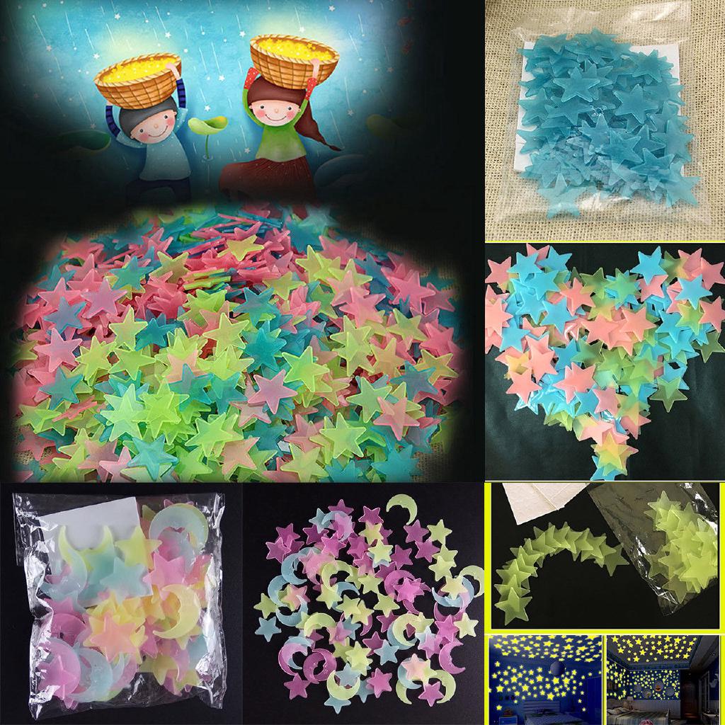 100pcs 3D Glow Stars ฟลูออเรสเซนต์สติกเกอร์ผนังเด็กตกแต่งภายในห้องนอน