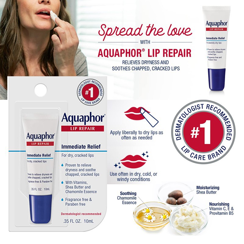 USA ลิปบาล์ม ฟื้นฟูริมฝีปากให้มีสุขภาพดี ลิปสติก ลิปมัน Aquaphor Lip Repair Ointment Long Lasting Moisture