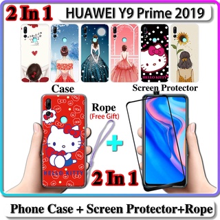 2 IN 1 เคส HUAWEI Y9 Prime 2019 เคส พร้อมกระจกนิรภัยโค้ง ป้องกันหน้าจอเซรามิค สําหรับเด็กผู้หญิง และคิตตี้