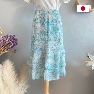 🇯🇵 กระโปรงมือสอง แบรนด์ญี่ปุ่นแท้💯% Size S(เอว 26”) ลายดอก โทนสีเขียว ผ้าชีฟอง มีซับใน ระบาย2ชั้น
