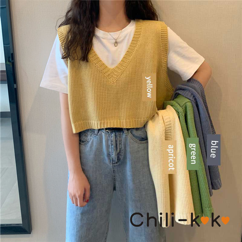 Chili_k k 73031 เสื้อกั๊กไหมพรม แบบสวมหัว สไตล์ย้อนยุค เกาหลี สำหรับผู้หญิง