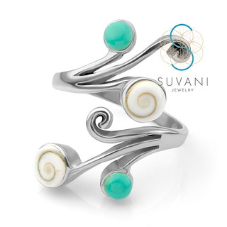 SUVANI แหวนเงินแท้ 92.5% ฝังด้วยหินเทอร์ควอยซ์และเปลือกหอย Shiva eye แหวนสามารถปรับขนาดได้