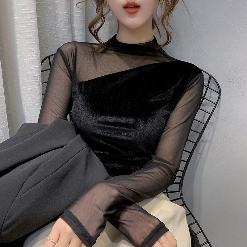 แฟชั่น ครึ่งคอสูงเย็บตาข่ายเสื้อ bottoming หญิงฤดูใบไม้ผลิและฤดูใบไม้ร่วงใหม่ก๊าซต่างประเทศบางกำมะหยี่สีทองสดใสภายในเสื้อแขนยาวหญิง