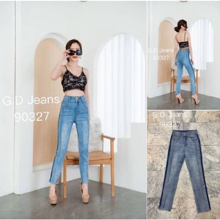 G.D.Jeans รุ่น 90327#กางเกงยีนส์ขายาวผ้ายืดเอวสูงสีฟอกทรงเรียบแต่งแถบสีโทนทู