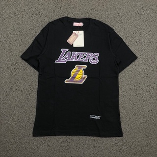 Mitchell&amp;ness เสื้อยืดลําลอง แขนสั้น คอกลม พิมพ์ลายโลโก้ LA LA LAKERS สีดํา ของแท้