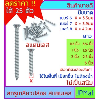 สกรู เกลียวปล่อย สแตนเลส หัวเรียบ (F) ไม่เป็นสนิม สำหรับยึดของต่างๆ งานภายนอก โดนแดด-ฝน ในห้องน้ำ หรือจุดที่เปียกชื้น