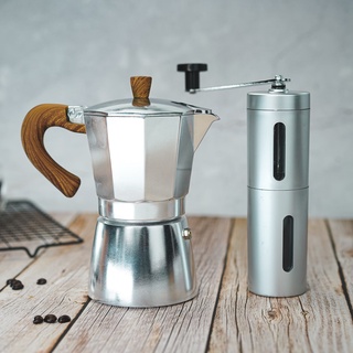 mokapot 6cup (300 ml) +ที่บดกาแแฟมือหมุน (สแตนเลส) หม้อต้มกาแฟสด อลูมิเนียมอัลลอยมีน้ำหนักเบา แข็งแรง ทนทาน