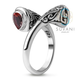 SUVANI แหวนเงินแท้ 92.5% แหวนลาย Filigree ฝังด้วยหินโกเมนสีแดง (Red Garnet) แหวนไซส์ 6-8