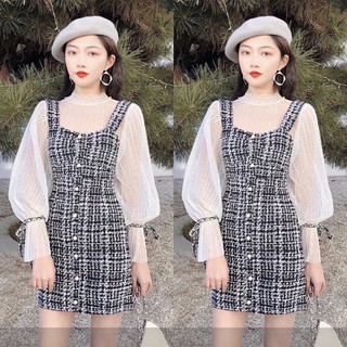 ชุดเซ็ทเดรสสั้นผ้าชาแนล+เสื้อแขนยาวซีทรู