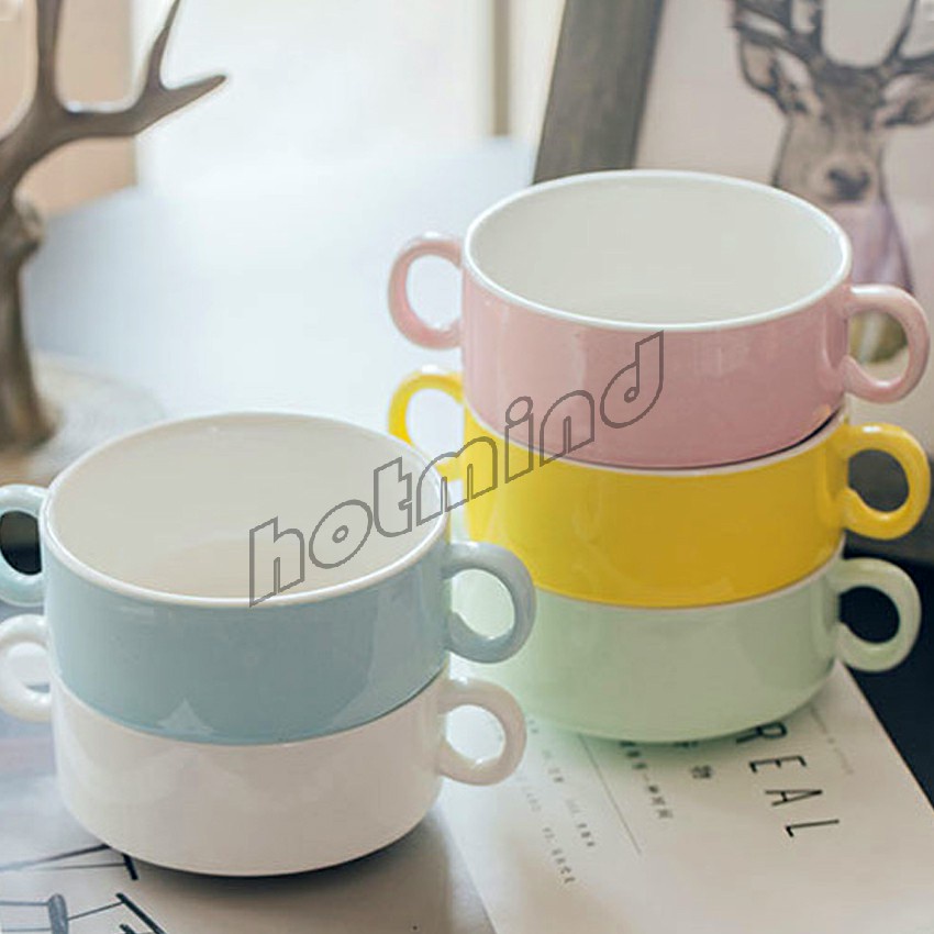 HD ถ้วยซุป เซรามิกส์ ชามซุป ถ้วยโจ๊ค มีหูจับทั้งสองด้านสีสันสะดุดตา Soup cup