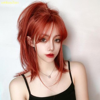 ร้อน#🧡💛Orange Wig Female Long Hair Shoulder Clavicle Straight Hair Fake Hair Color Natural Full Headgear เกล้าผมปลอม