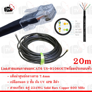 Link สายแลน ภายนอก CAT6 US-9106OUT สายเกรียว 4คู่ 23AWG มีแกนกันสายยุบ เปลือกนอก2ชั้น กัน UV 75C สีดำ 20m พร้อมประกอบหัว