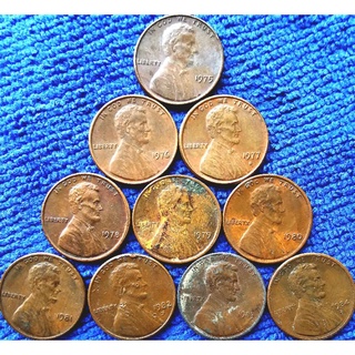 เหรียญ​สหรัฐอเมริกา​ USA, 1​Cent​ Lincoln, เรียง​ปี​1975-1984 รวม 10 เหรียญ​ 50 บาท, #​647, ใช้แล้ว​
