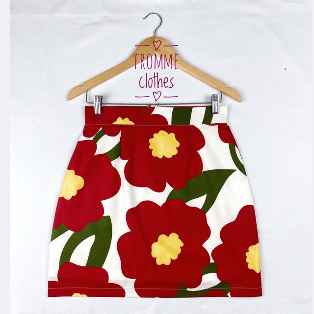 Frommeclothes กระโปรงทรงเอผ้าคอตตอนญี่ปุ่นลายดอกไม้สีแดง(XS-5XL)