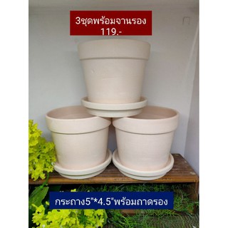 กระถางขาวธรรมชาติ 5"*4"ดิบๆ พร้อมจานรอง ขายยกเซ็ท 3 ชุด