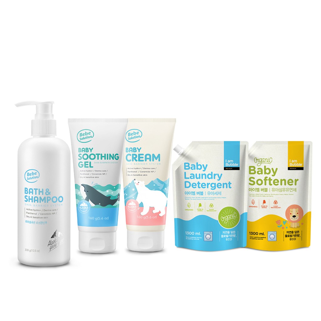 Bebe Solution Protect Set เซตปกป้องภูมิแพ้เบเบ้โซลูชั่น เจลอาบน้ำ ซูตติ้งเจล ครีม น้ำยาซักผ้าและปรับ