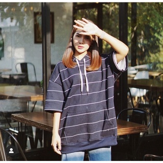 STRIPE HOOD เสื้อฮู้ดมีหมวกเเขนสั้น ผ้าเกาหลี