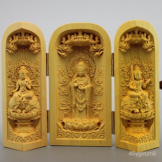 กล่องสามกล่องไม้แกะสลักไม้ Boxwood Manjushri Samantabhadra พระพุทธรูปทะเลจีนใต้เจ้าแม่กวนอิมพระโพธิสัตว์ M60D