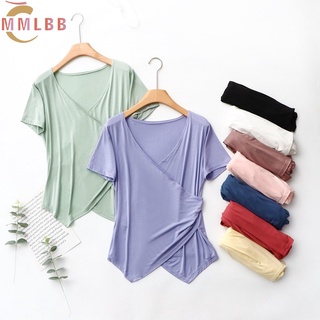 พร้อมส่ง เสื้อยืดลําลอง คอวี ผ่าข้าง ทรงไม่สมมาตร แบบบาง สไตล์เกาหลี สําหรับสตรี