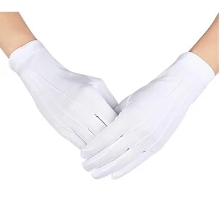 ถุงมือผ้าสีขาว ติดกระดุม ผ้าไนล่อน 100% หนา ออกงานทางการ เต้น เชียร์กีฬา งานแสดง คอสเพลย์ White formal glove ส่งจากไทย