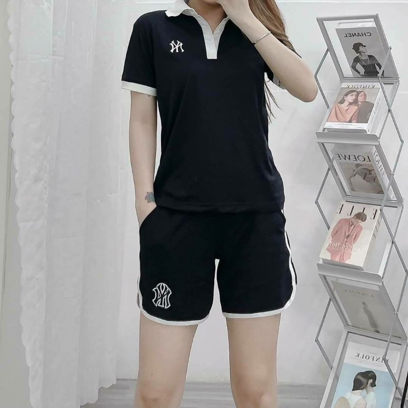 #0726 ชุดเซ็ตเสื้อยืดคอปก+กางเกงขาสั้นเอวยางยืดแบรนด์MLB