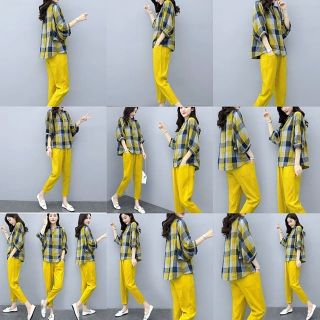Bigsize ชุดเซท2ชิ้น เสื้อ คอจีน แต่งกระดุมหน้าสั้นๆ แขน3ส่วน ลายสก๊อตใหญ่+กางเกง ขายาว5ส่วน มีกระเป๋าหลัง