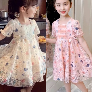 (พร้อมส่ง) ชุดเด็กหญิง เดรสกระโปรงลูกไม้ผีเสื้อ มีซับใน ผ้าดีใส่สบาย