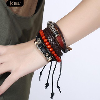 ‴ 4 ชิ้น Retro Punk Men Beads หนัง Faux หนังแกะสลักหลายชั้นกำไลข้อมือปรับได้