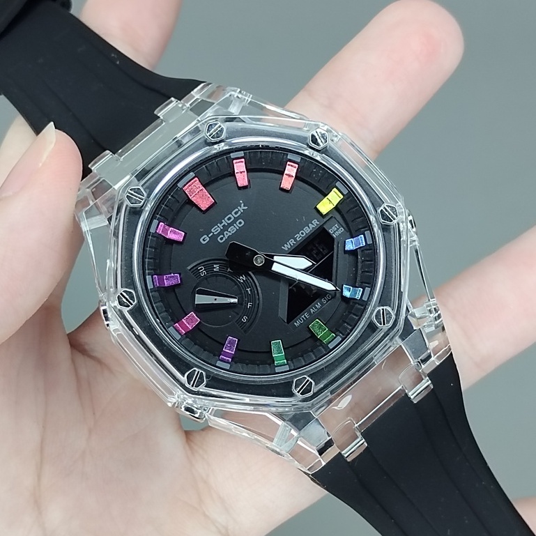GA-2100 GA-2100AP 3 BLACK RAINBOW TMJ CUSTOM TO AP ,TRANSPARENT HEAD/RUBBER STRAP/ATUOLIGHT/PREMIUM 