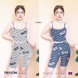 TwinsShopVip💗พร้อมส่ง TW12786 Set 2 ชิ้น เสื้อครอปสายเดี่ยวลายแบรนด์ + กางเกงขาสั้น