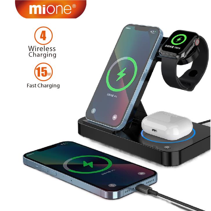 Mione 15W Wireless Charger 3 in 1 Fast Charger 4 in 1 Station Dock Qi พร้อมหูฟังโทรศัพท์และนาฬิกา