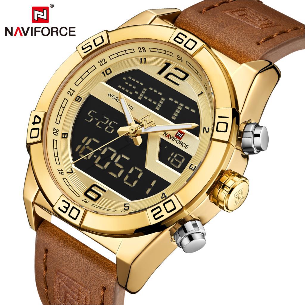 NAVIFORCE ยอดนิยมแบรนด์หรูหนังกีฬานาฬิกาข้อมือผู้ชายกันน้ำทหารควอตซ์นาฬิกาดิจิตอล