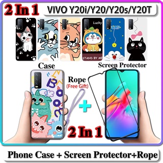 2 IN 1 เคส VIVO Y20i Y20 Y20s Y20T เคส พร้อมกระจกนิรภัยโค้ง ป้องกันหน้าจอเซรามิค แมวและโดราเอมอน