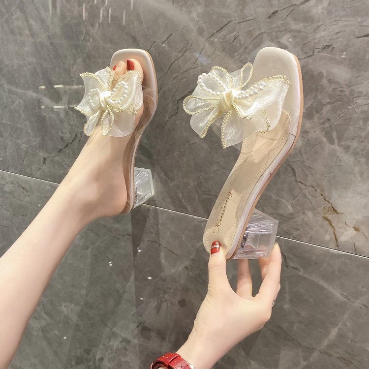 34-43 รองเท้าผู้หญิง รองเท้าแตะโบว์ แฟชั่นน่ารัก กันลื่น เวอร์ชั่นเกาหลี รองเท้าแตะส้นสูง