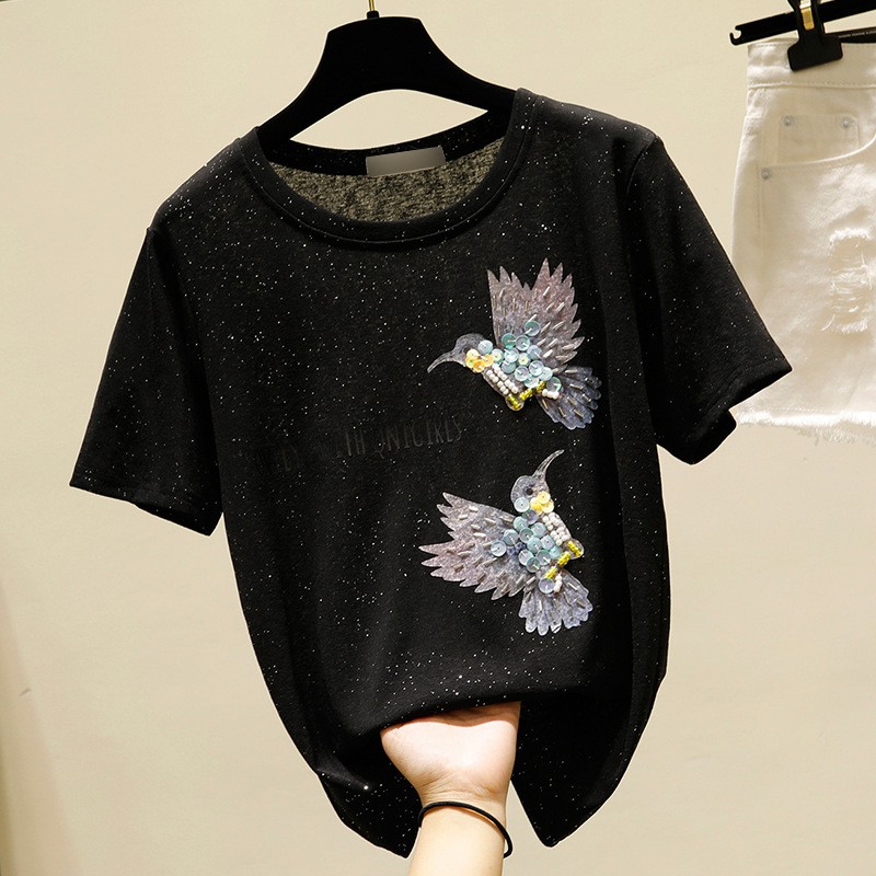 แขนสั้นผ้าไหมน้ำแข็งยิงจริงTเสื้อฤดูร้อนของผู้หญิงที่ทำด้วยมือเลื่อมบิน ...