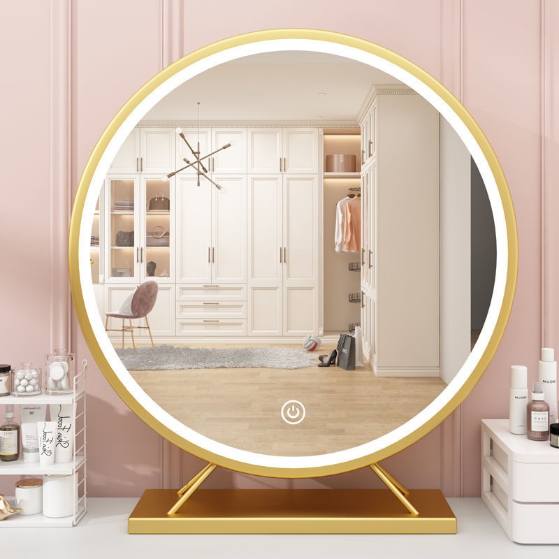 กระจกเต็มตัว◈┋☸Desktop makeup mirror with desktop web celebrity dormitory bedroom large circular lam